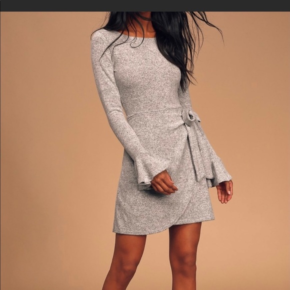 Lulu’s Favorite Tune Heather Grey Faux Wrap Sweater Dress Bell Sleeve Gray-M - Picture 1 of 11